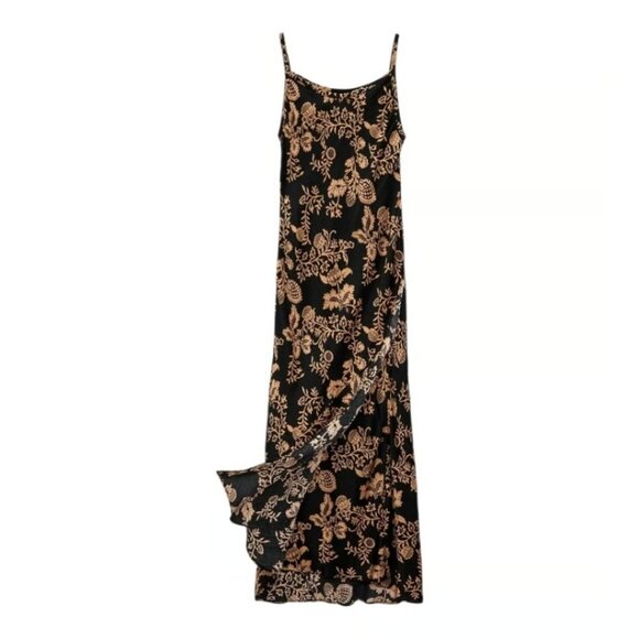 Zara Floral Print Black and Bronze/Gold Tie Wrap Maxi Dress with High Slit XS - Picture 4 of 7
